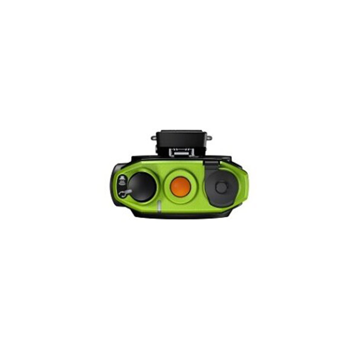Green camera lens with three visible circles in the front view.