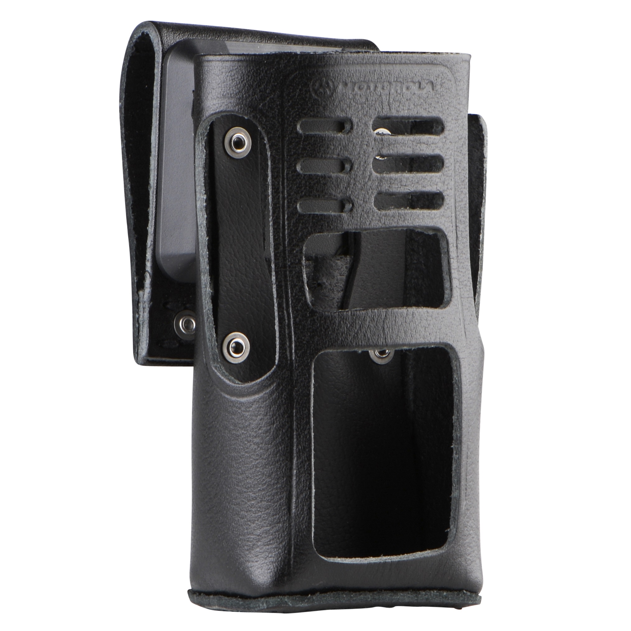 Black leather holder with cutouts and rivets.