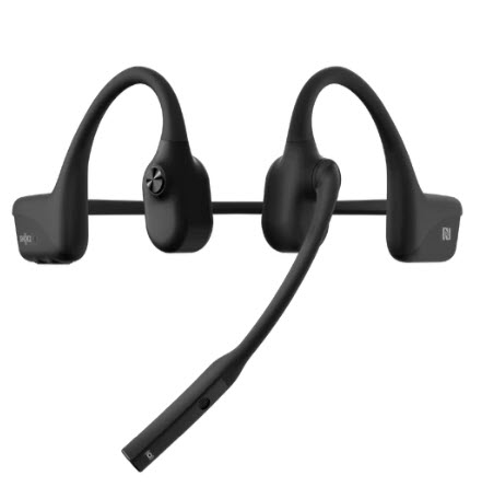 Schwarzes Knochenschall-Headset mit Mikrofon und Ohrbügeln.