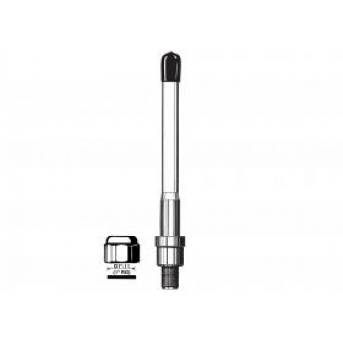 Chrome antenna with black tip and thread, with a metal cap beside.