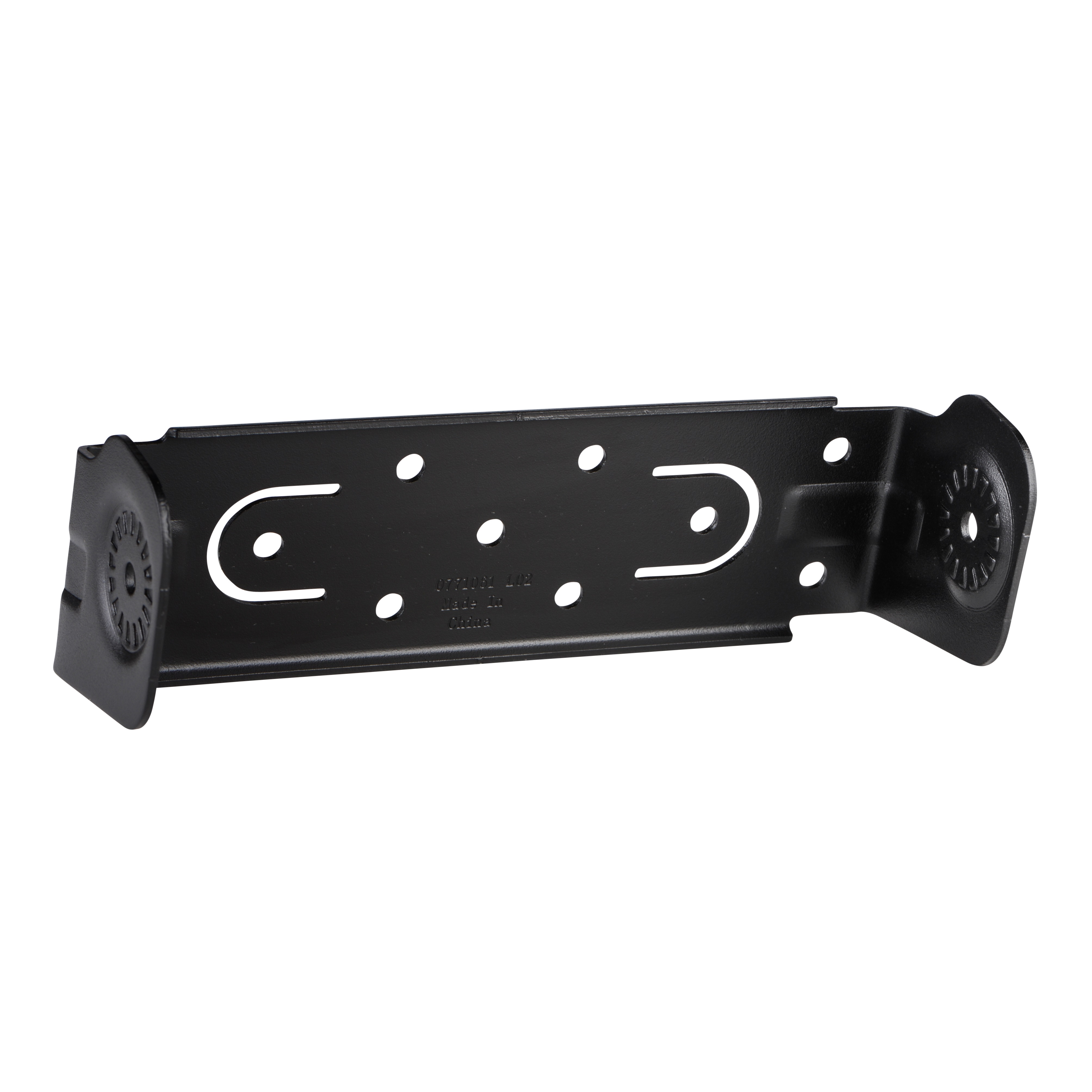 Black metal bracket with multiple screw holes.