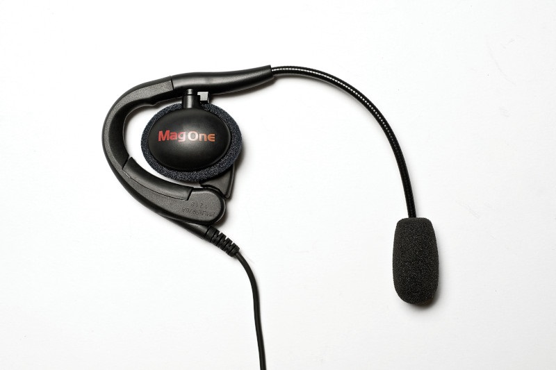 Black headset with ear loop and microphone, brand MagOne.