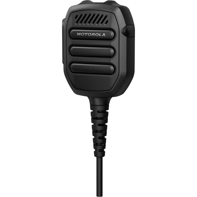 Schwarzes Mikrofon mit Kabel und drei Tasten.