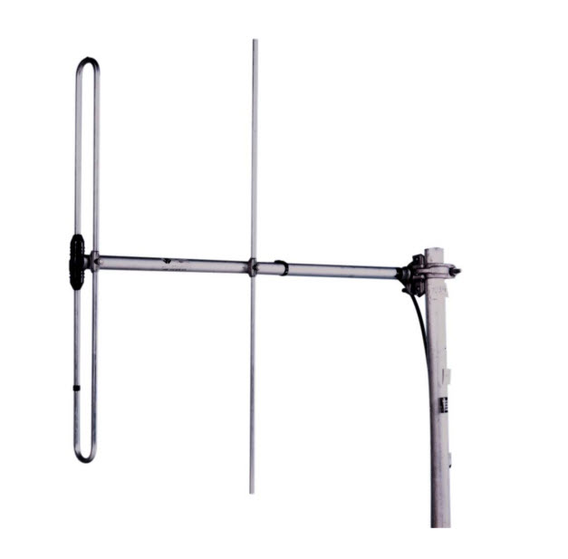 Metal VHF omnidirectional antenna with vertical and horizontal elements.