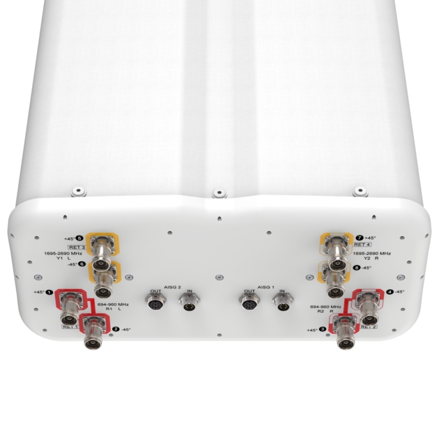 Weiße Antenne mit mehreren Anschlüssen für Frequenzen von 694-2690 MHz.