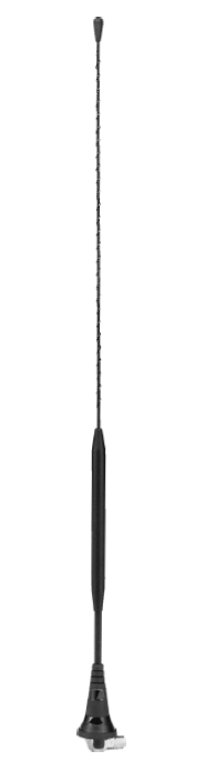 Black car roof antenna with a slim, long rod.