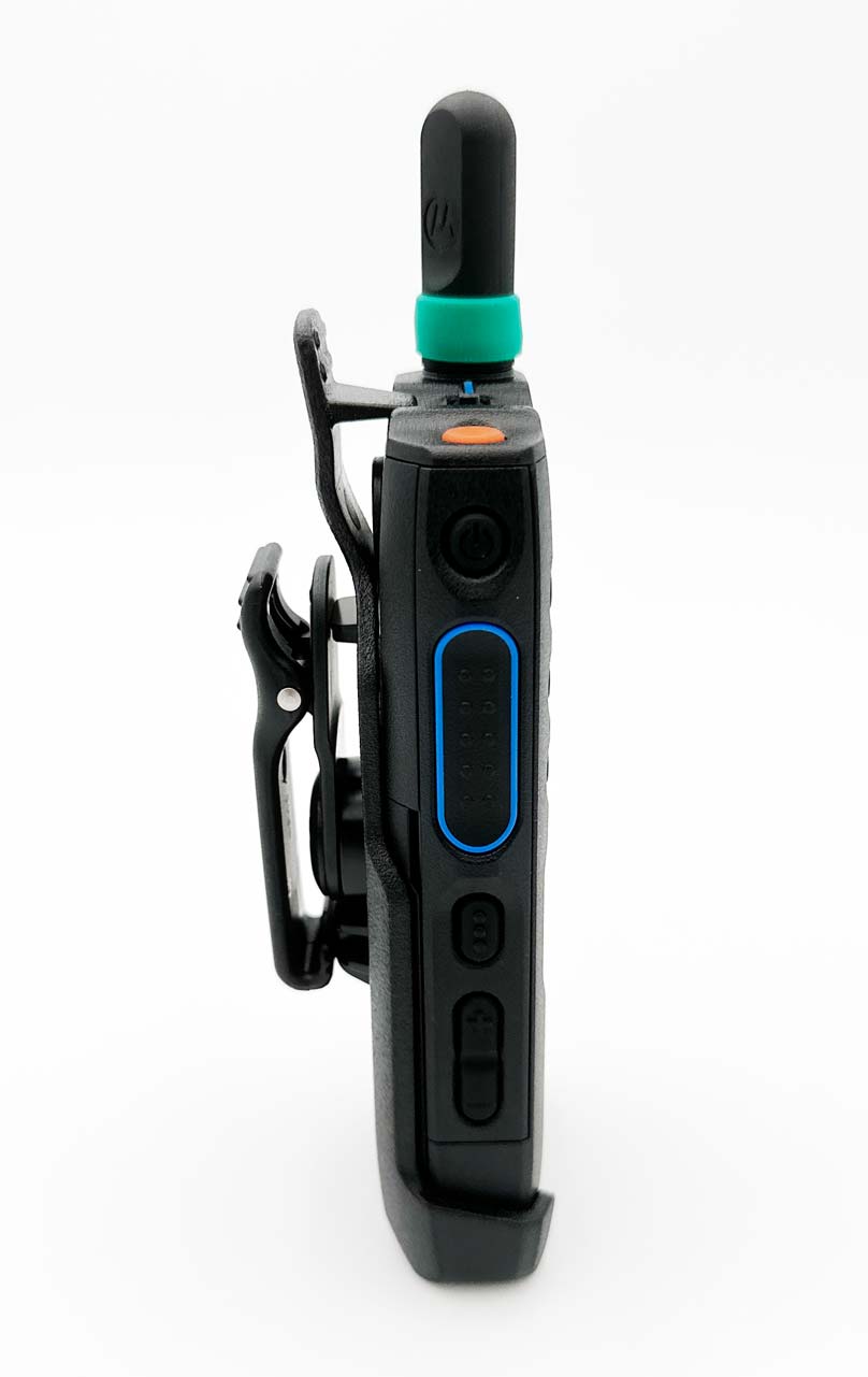 Side view of a portable radio device with antenna and clips.