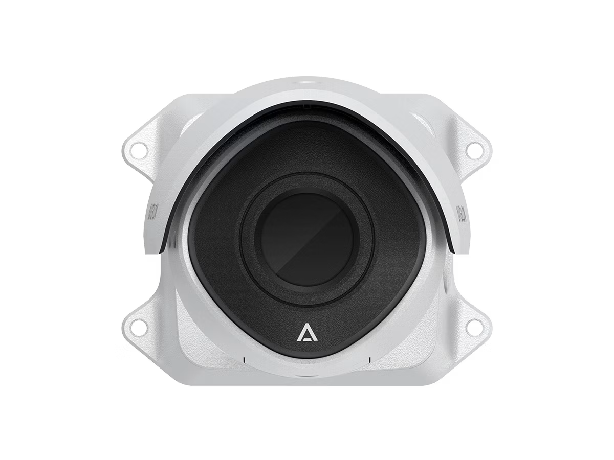 Round electronic device with dark center, silver edge and mounting holes at the corners.