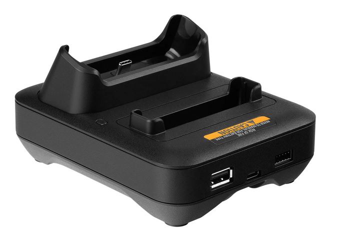Black docking station with USB port for mobile devices.