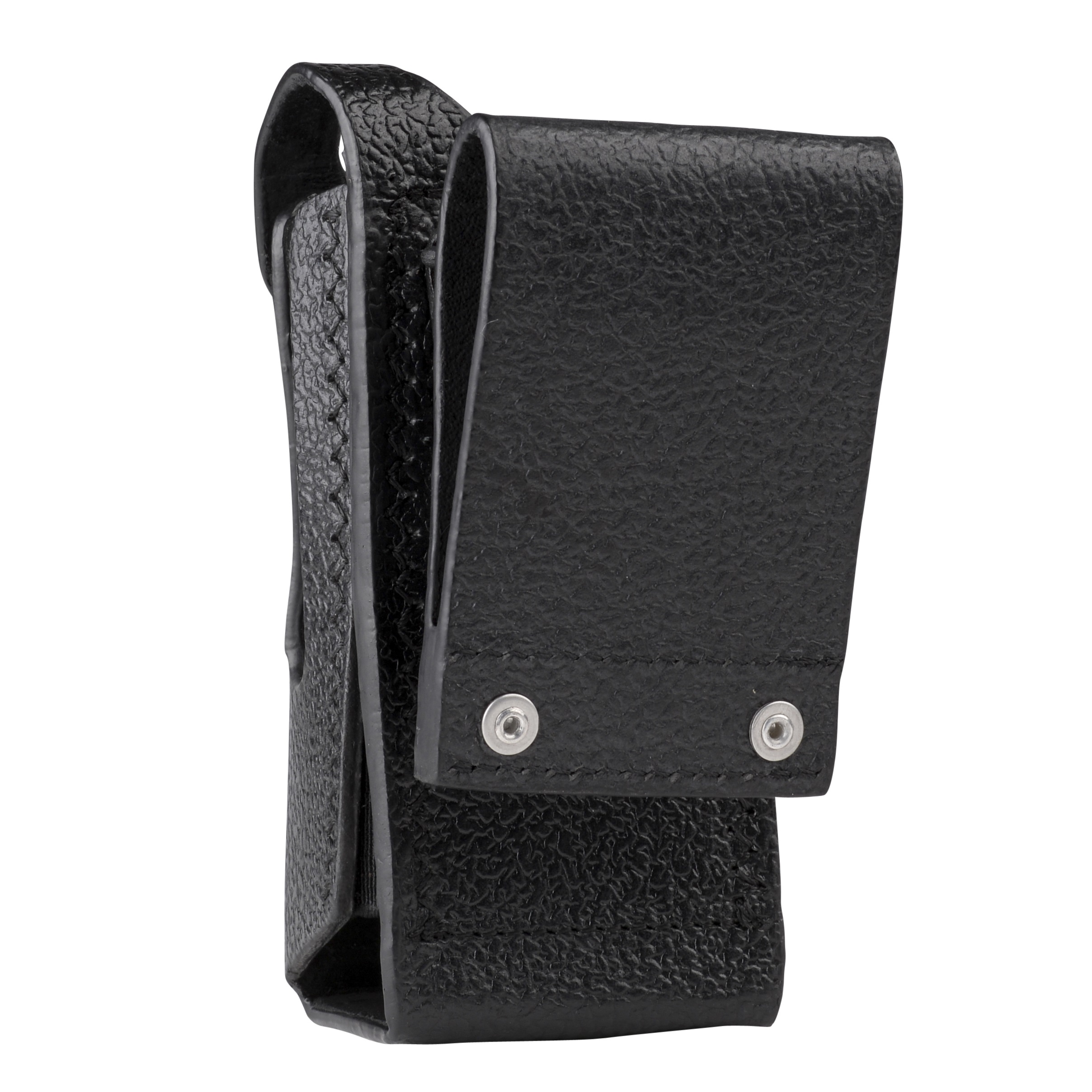 Black leather pouch with snap buttons.