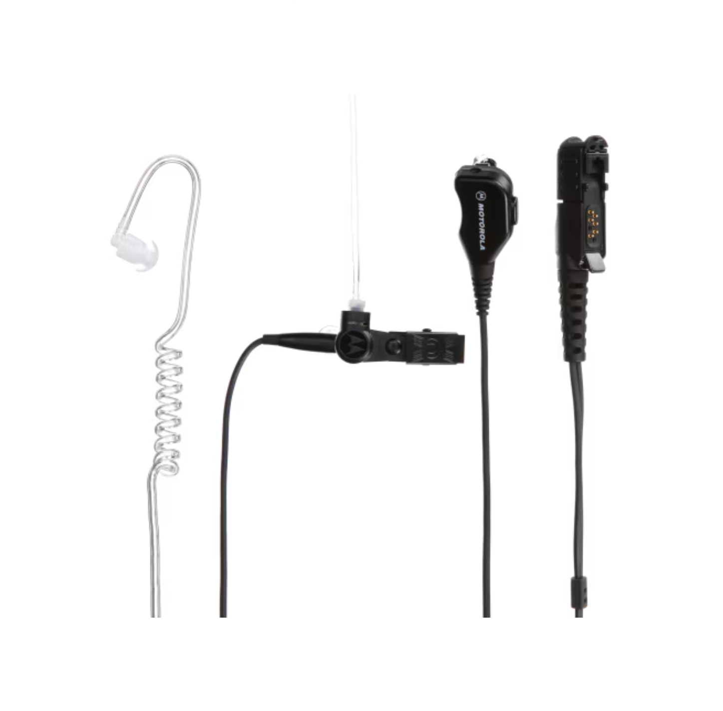Earpiece with coiled cable and microphone; clip; suitable for radios.