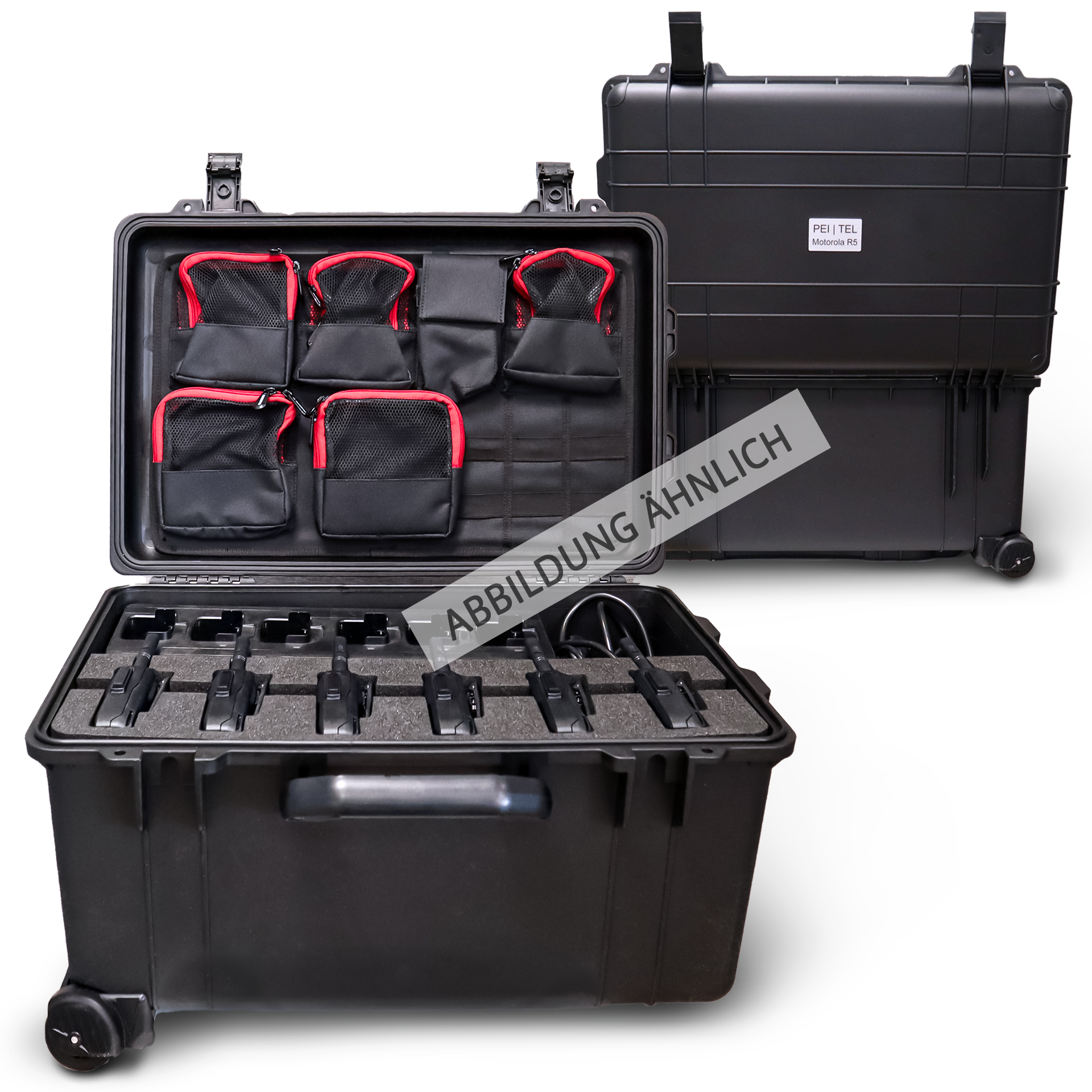 Two black cases: one open with pouches and charging stations, one closed with handle and wheels.
