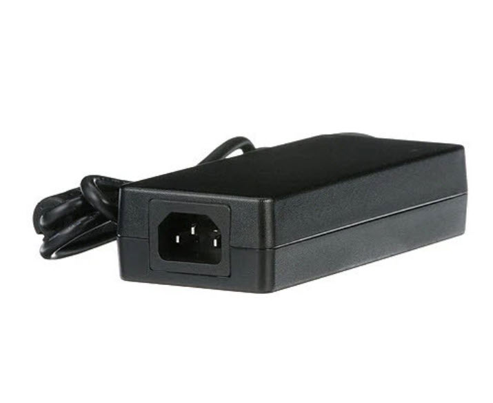 Black power adapter with power cord and input socket.