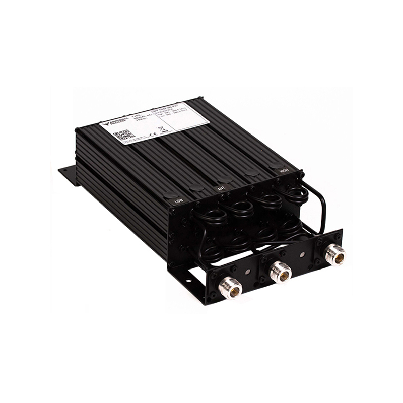 Black electronic switch unit with multiple connectors and cables.