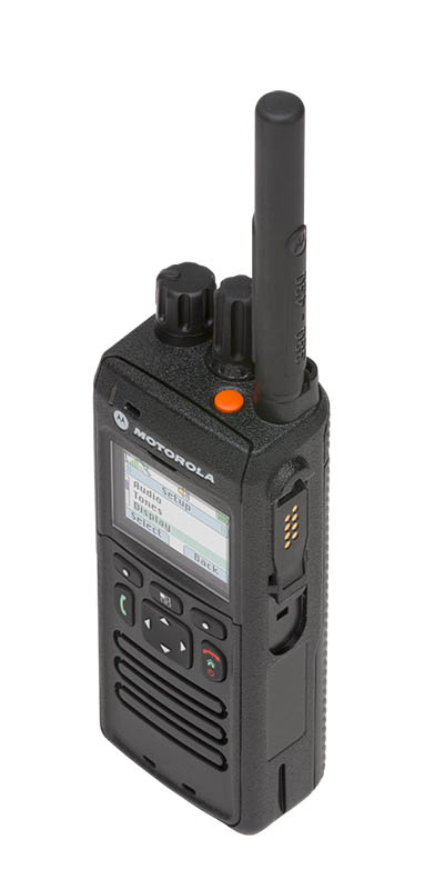 Handfunkgerät mit Display und Antenne in Schwarz.