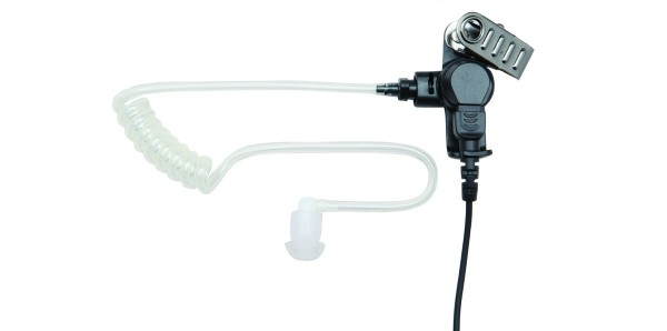 Acoustic tube for radios with earbud and PTT clip.