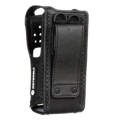 Black leather radio holster with belt loop.
