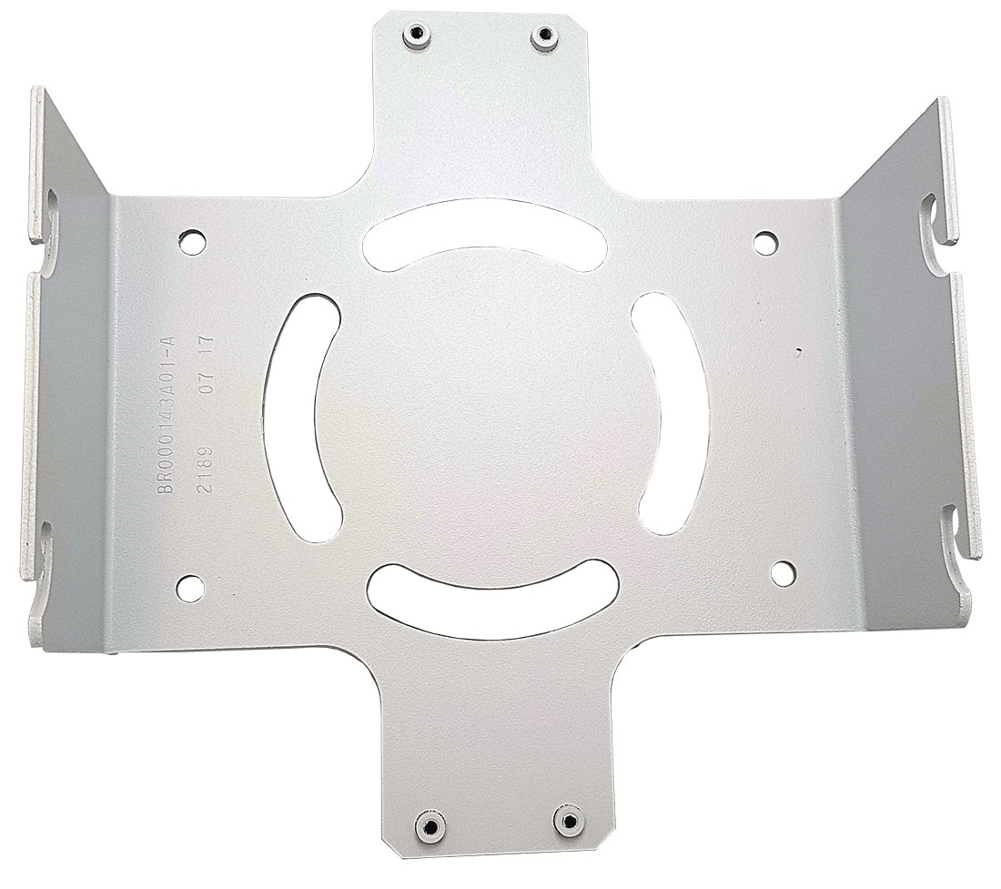 Metallene Montagehalterung mit Schlitzen und Schraublöchern, symmetrisch geformt.