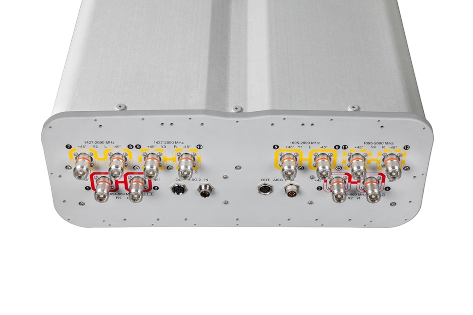 Rear view of a gray network device with multiple cable and antenna connectors.