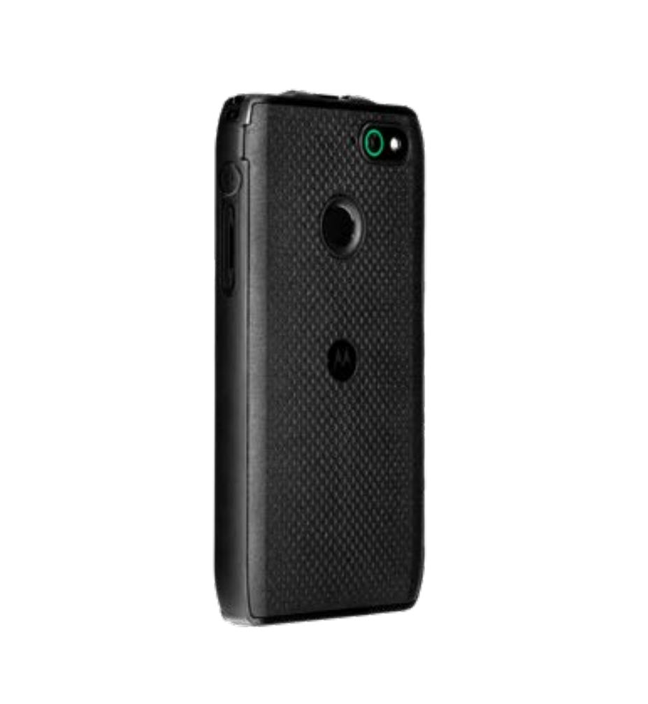 Black, textured walkie-talkie with camera and speaker.