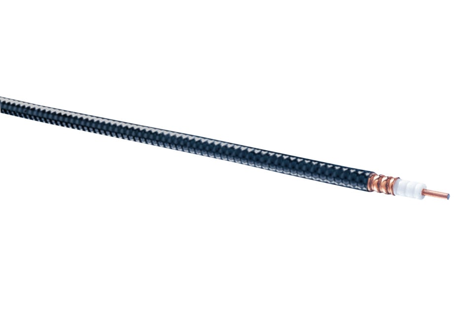 Coaxial cable with black insulation and copper inner conductor.