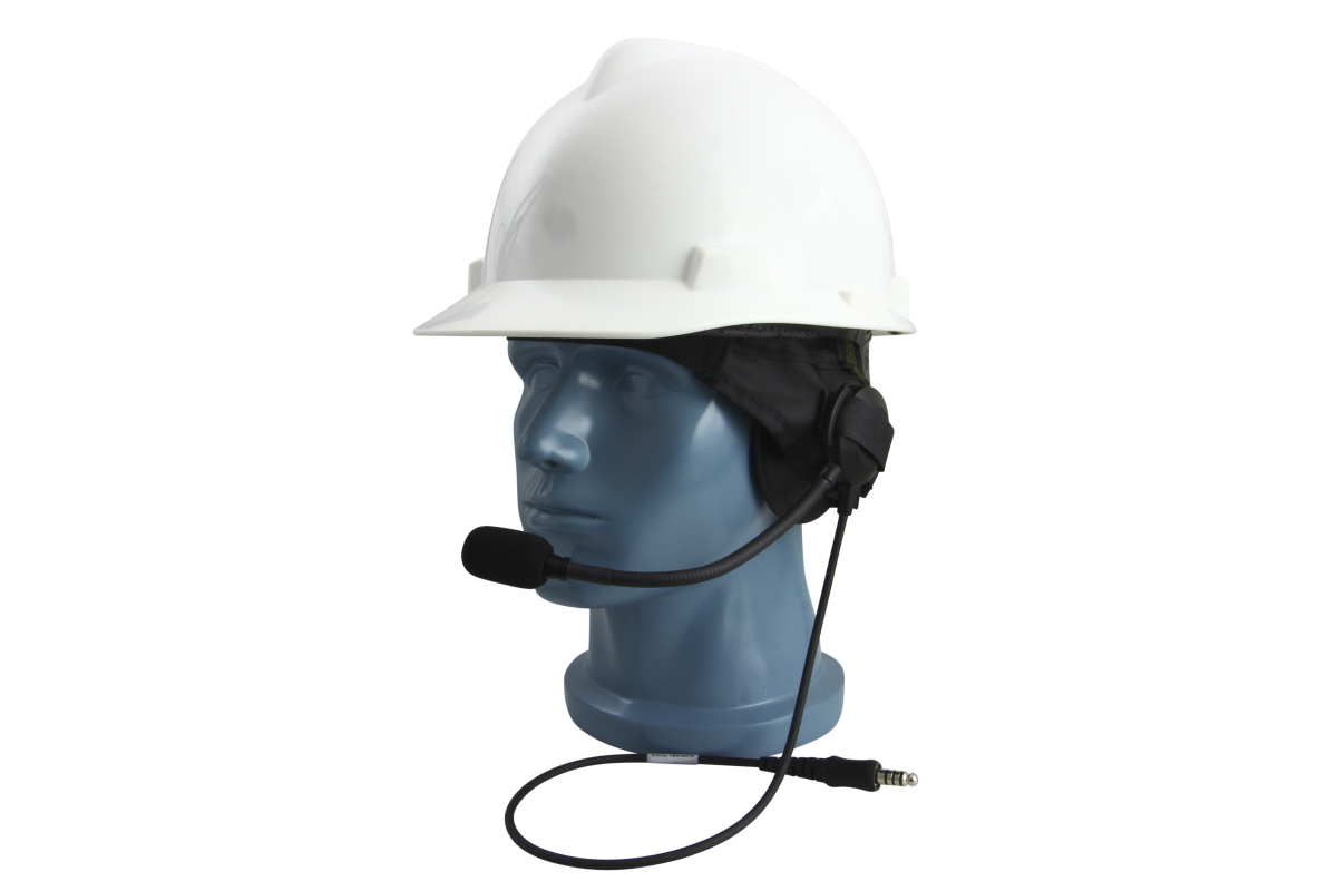 Bust with white safety helmet and headset with microphone and cable.