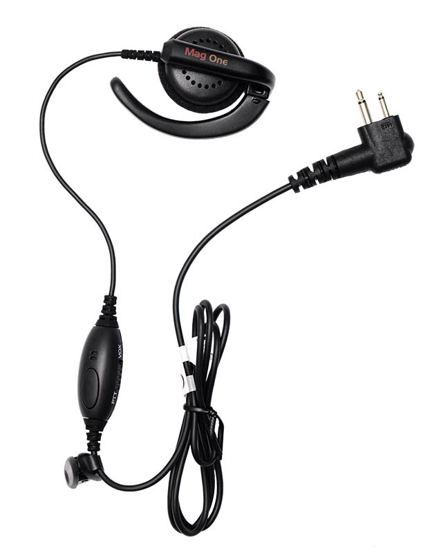 Ohrhörer mit Over-Ear-Bügel, Kabel, Bedienelement und Zwei-Stecker-Anschluss.