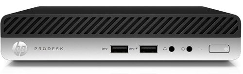 Compact computer with two USB ports, audio jack, and power button.