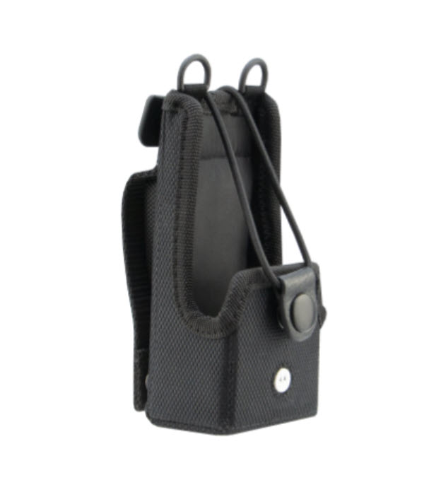 Black case for portable device with strap and snap button.