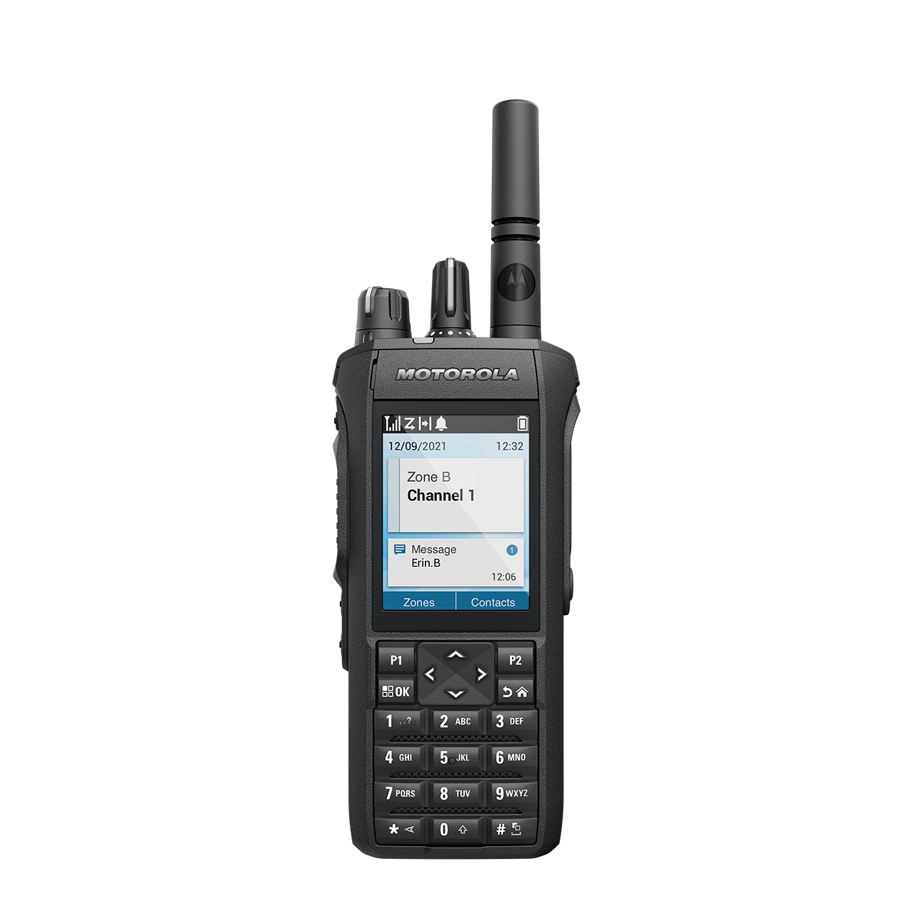 7000-00752925_mot_01.png Funkgerät mit Bildschirm, Antenne und Tasten, zeigt Zone B, Kanal 1.