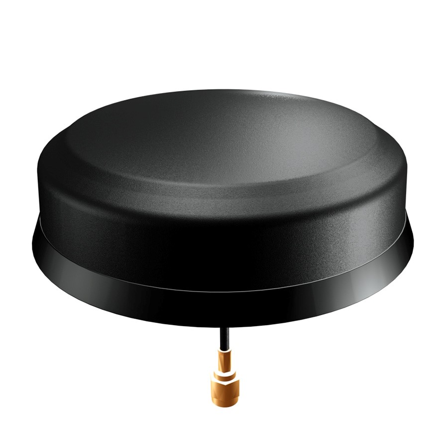 Black, round external roof antenna with cable connection below.
