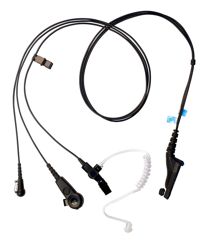 Schwarzes Headset mit transparentem Ohrhörer und Mikrofon.