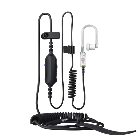 Schwarzes Headset mit transparenter Ohrhörerschlaufe und Spiralkabel.