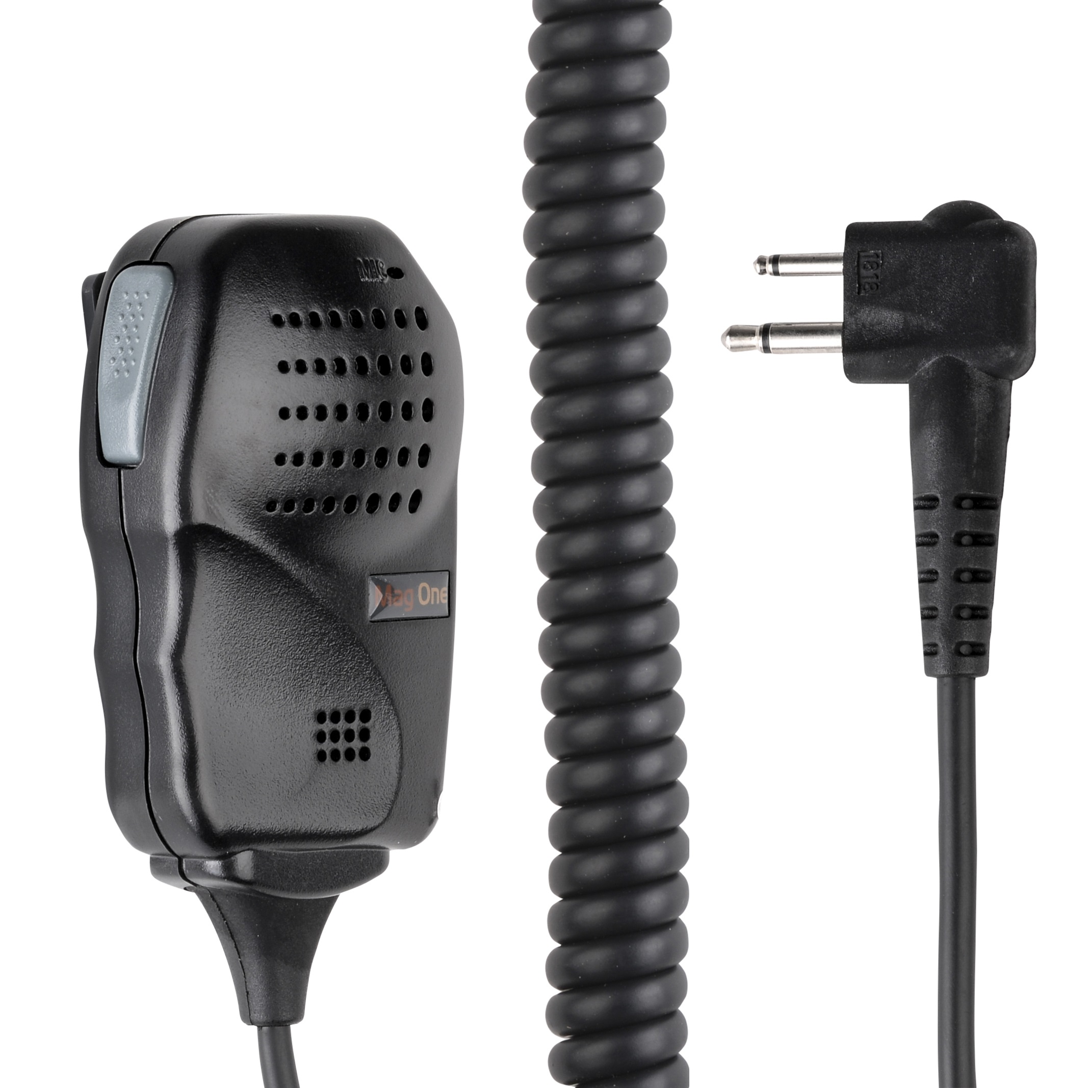 7000-00368200_mot_01.jpg Black radio microphone with coiled cable and dual plug.