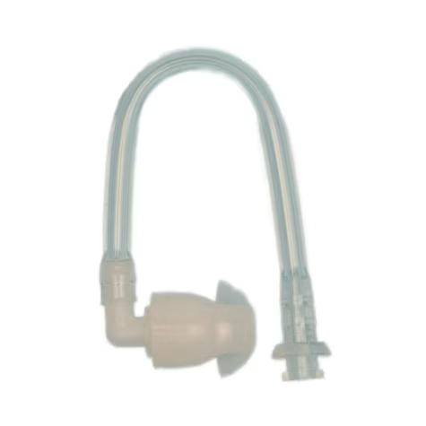 Flexible metal hose with curved connector and threaded fitting.