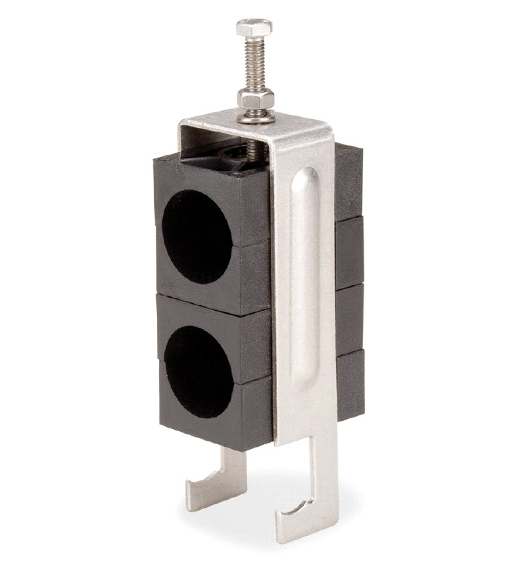 7000-00083600_com_01.jpg Doppelte Rohrschelle mit Metallhalterung und Schraube.