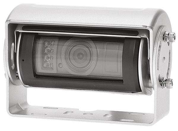 Surveillance camera in metallic housing with adjustable mount.