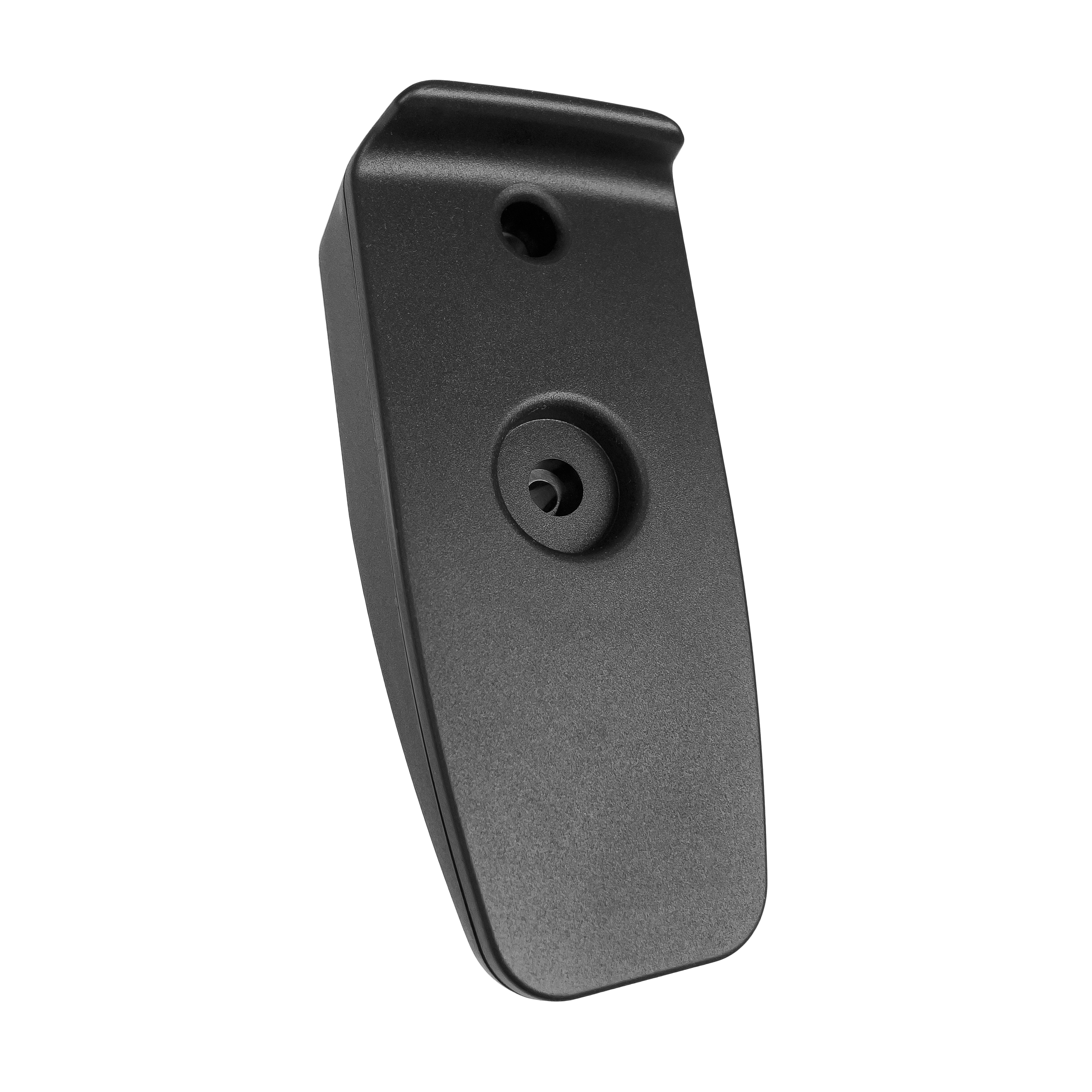 Black plastic wall mount with two mounting holes.