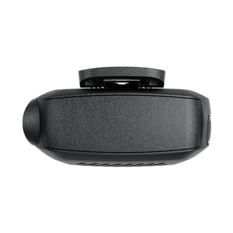 Schwarzes, rechteckiges Gerät mit runden seitlichen Knöpfen, Oberansicht.