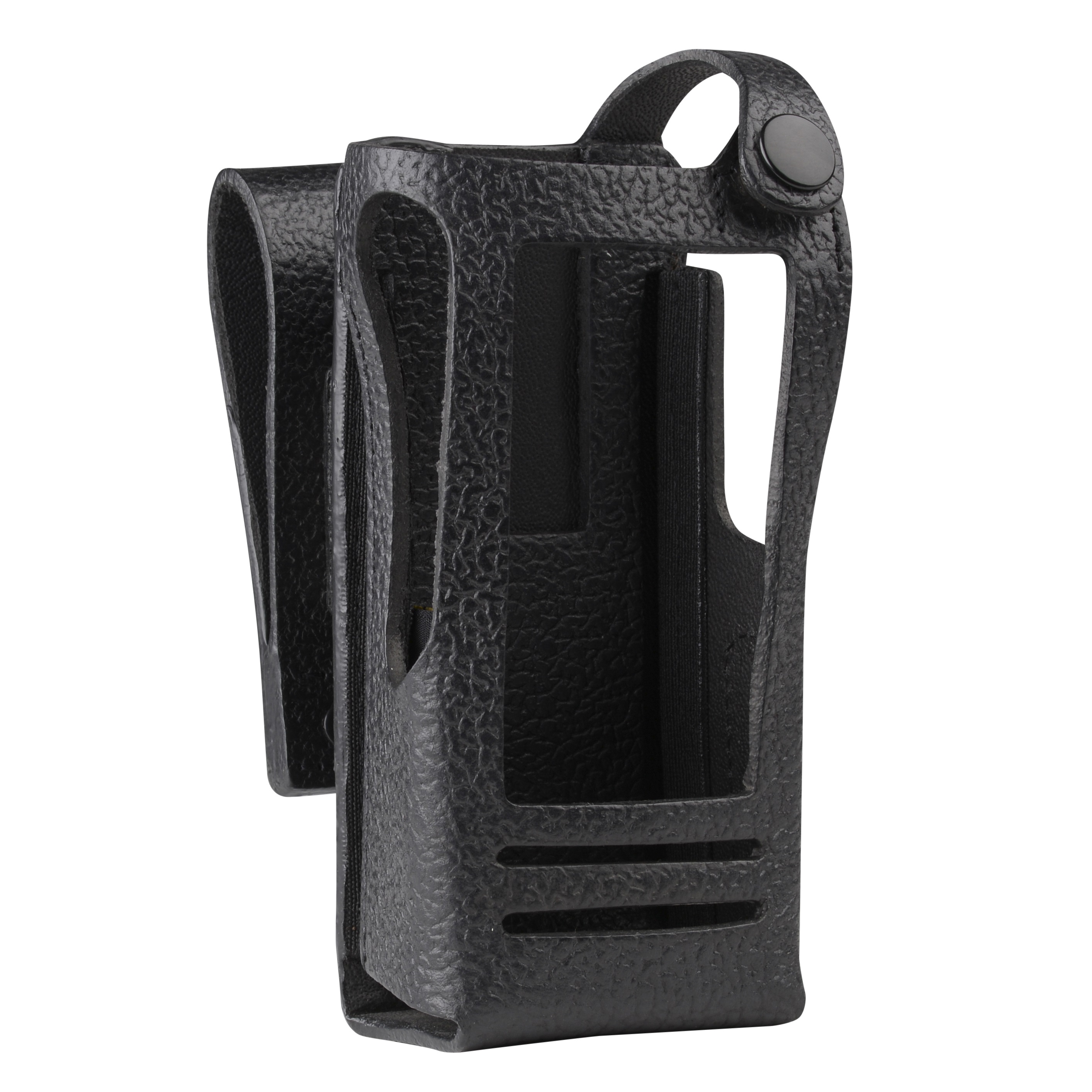 Black leather case with openings and top snap button.