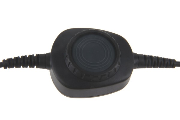 Black round switch with two cables on the sides.