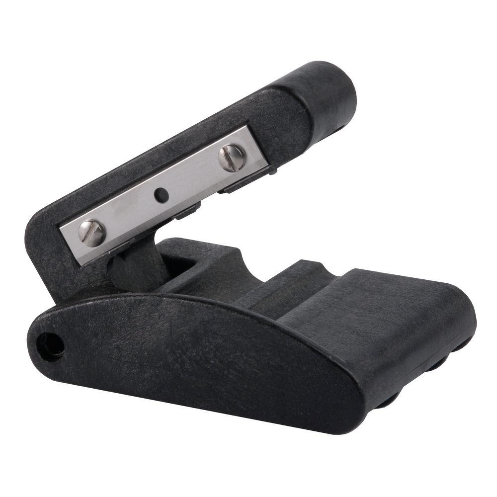 Sharpener with black plastic casing and metal blade.