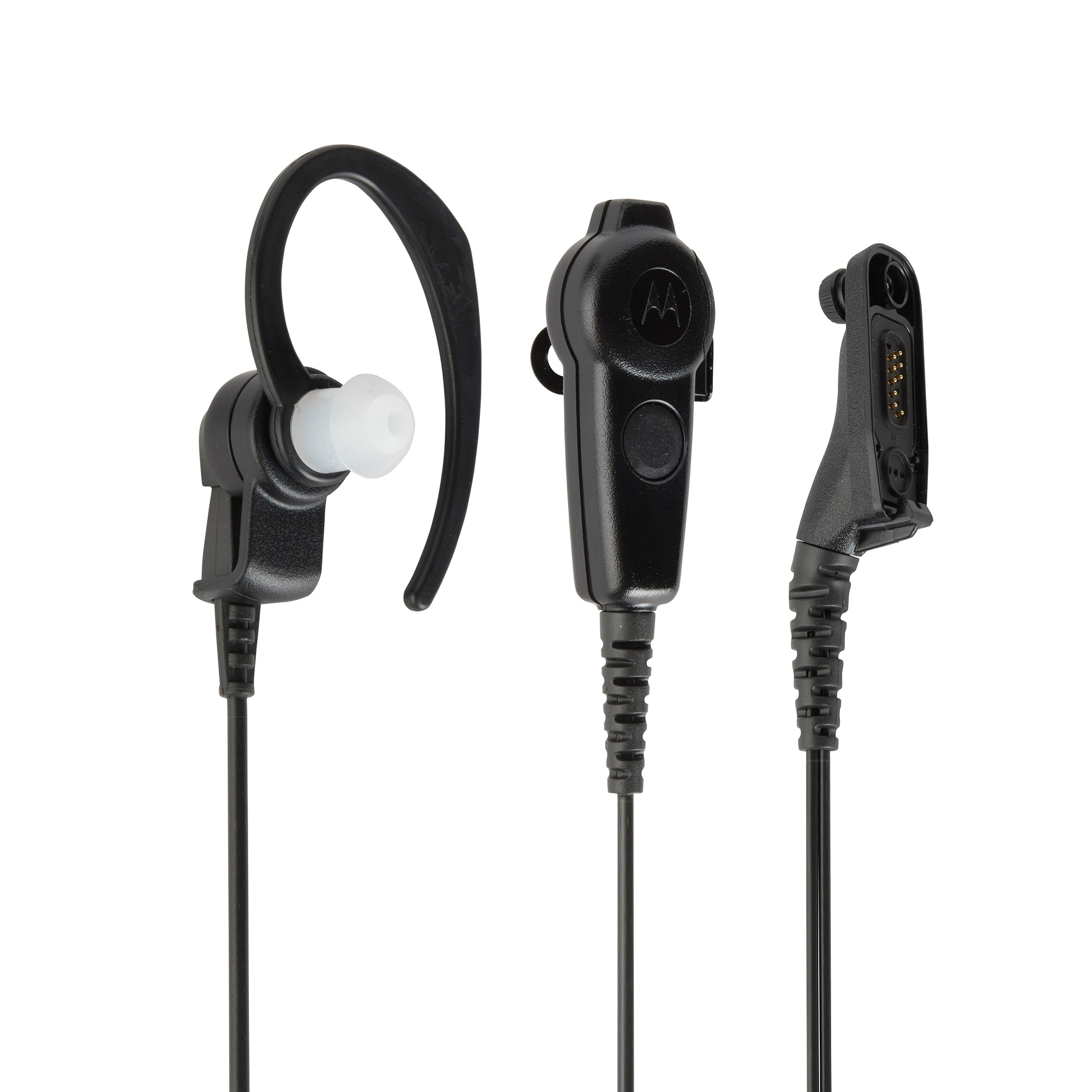 Schwarzes Funk-Headset mit Silikon-Ohrstöpsel, Ohrbügel und Anschlusskabel