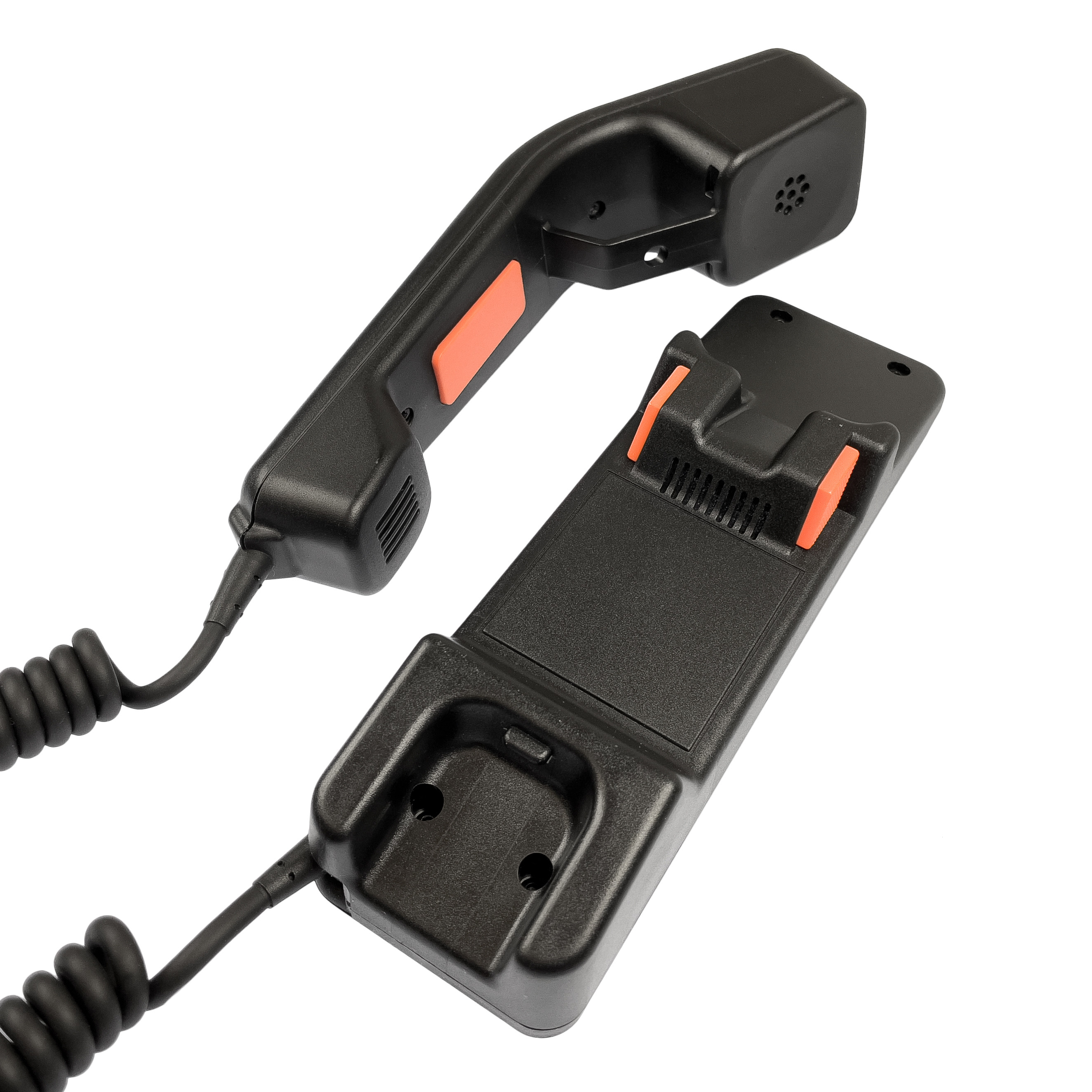 Schwarzer Telefonhörer mit orangen Tasten auf Ladestation.