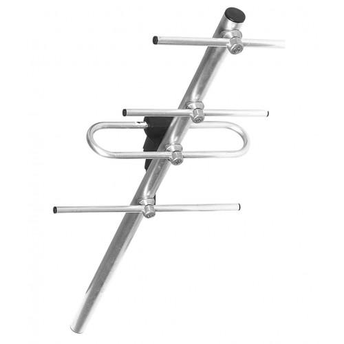 A metal TV antenna with several elements for signal amplification.