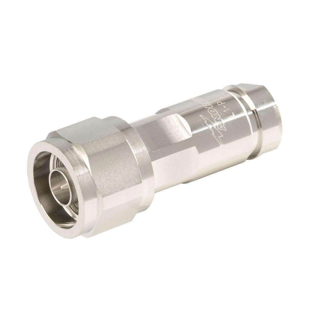 Silberner Koaxialstecker mit runder, glatter Oberfläche.