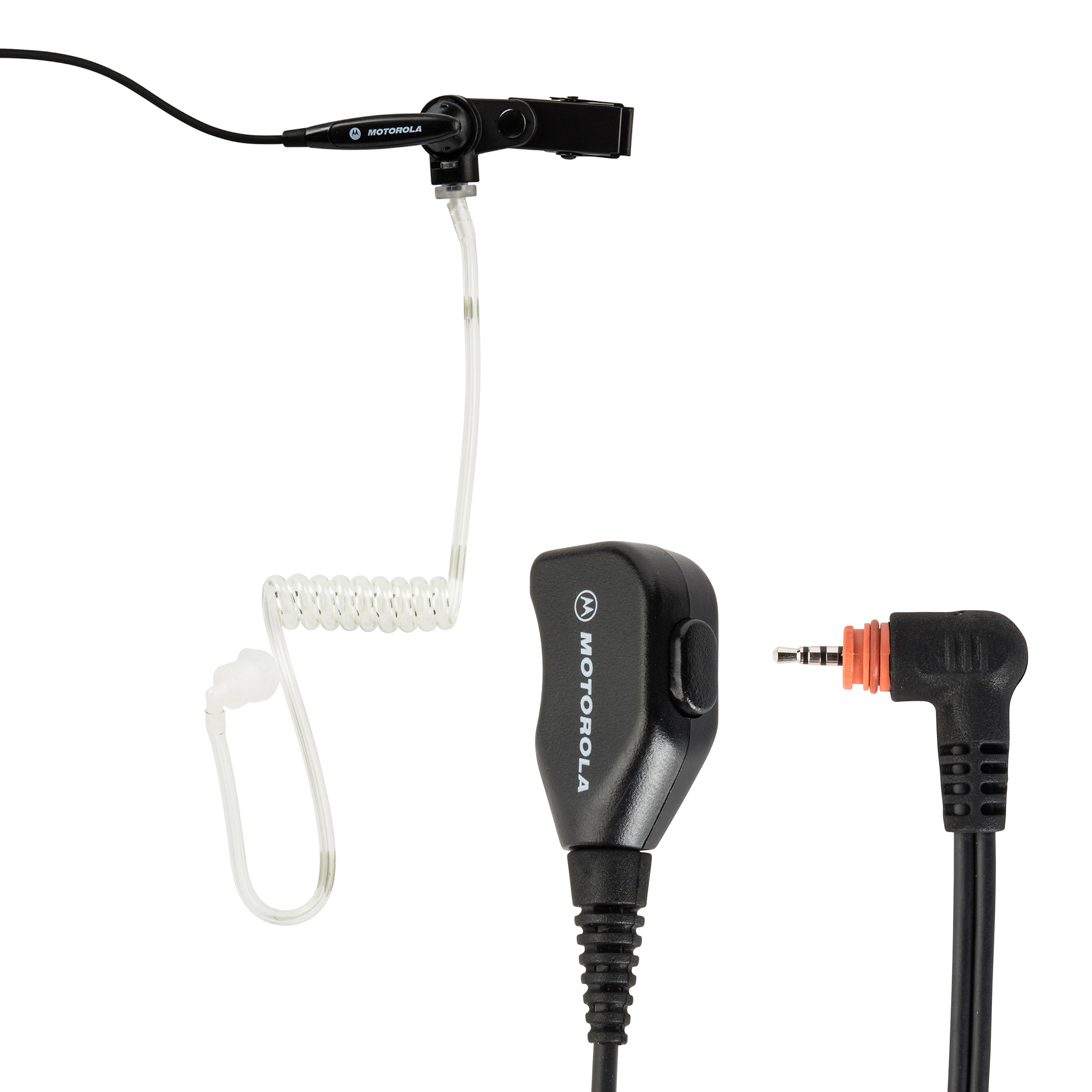 Ohrhörer mit transparentem Spiralkabel, schwarzem Clip und 3,5 mm Klinkenstecker.