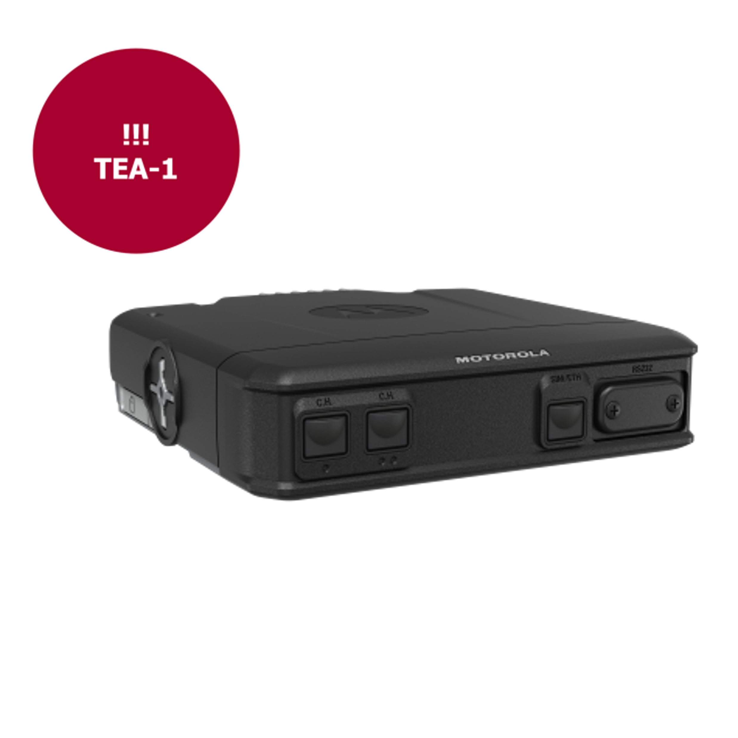 Schwarzes Motorola-Gerät mit Tasten, daneben rotes Warnsymbol mit TEA-1