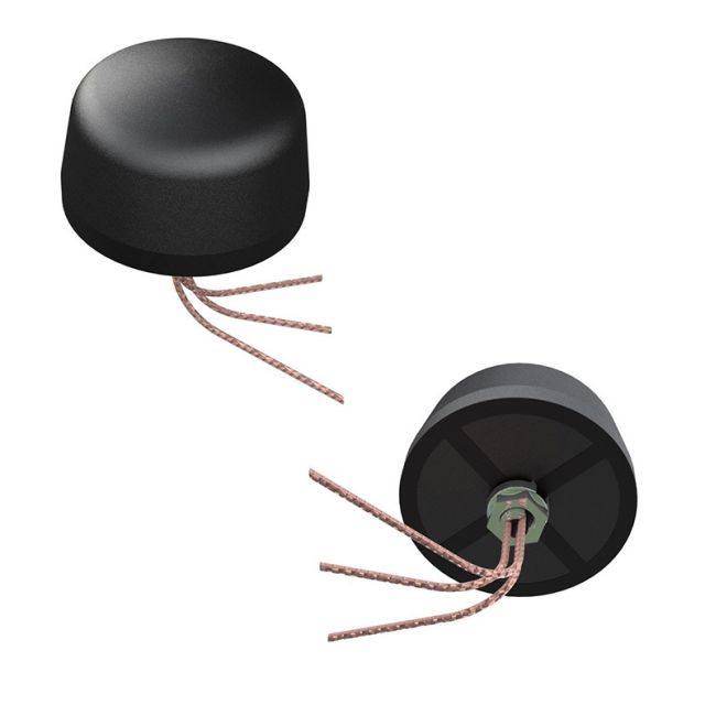 Black cylindrical antenna with cable connections at the bottom.