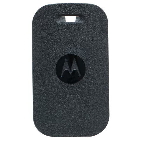 Schwarzer Schlüsselanhänger mit Motorola-Logo, rechteckig mit abgerundeten Ecken, Obenöffnung.
